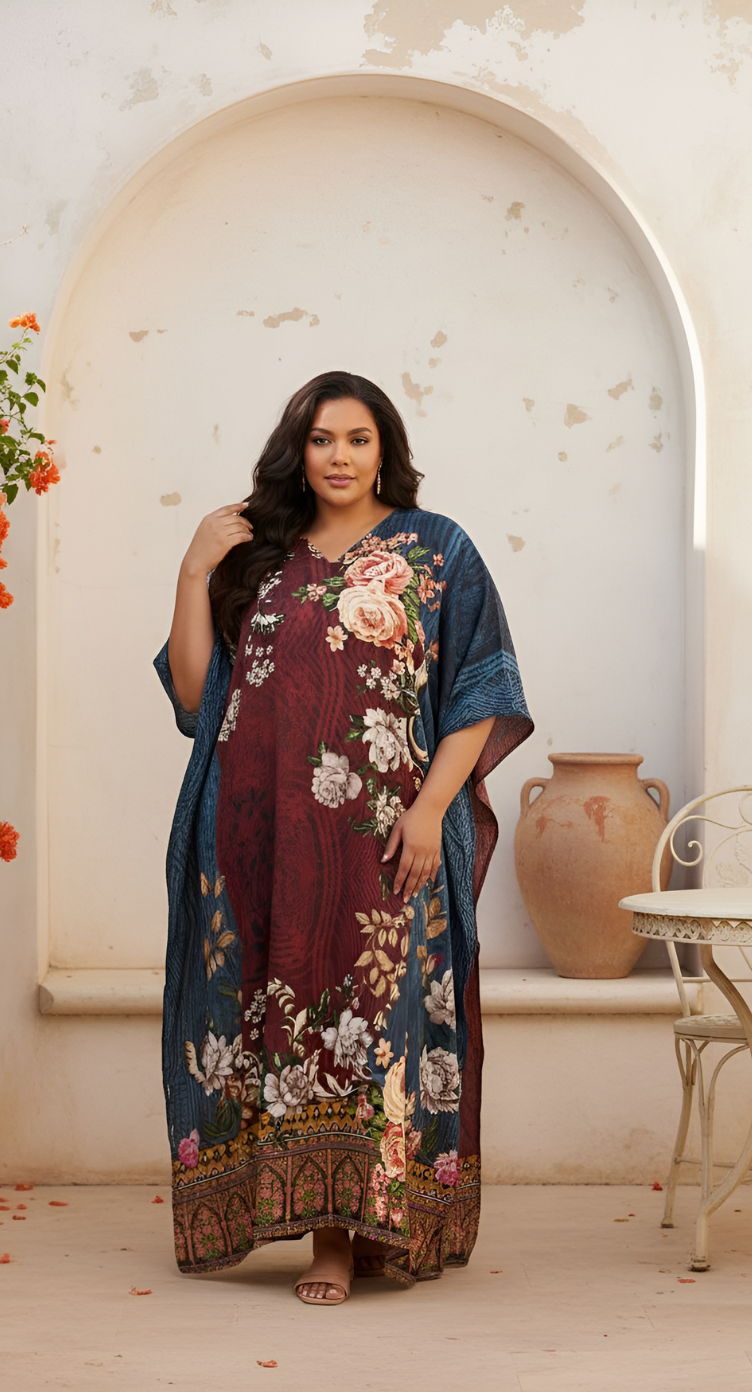 Floral Printed Brown Polyester Plus Size Kaftan Dress For Women