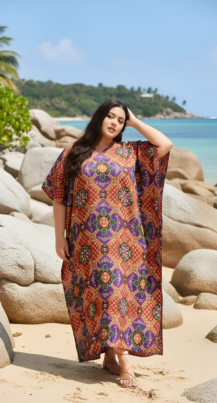 Floral Printed Purple Polyester Plus Size Kaftan Dress For Women