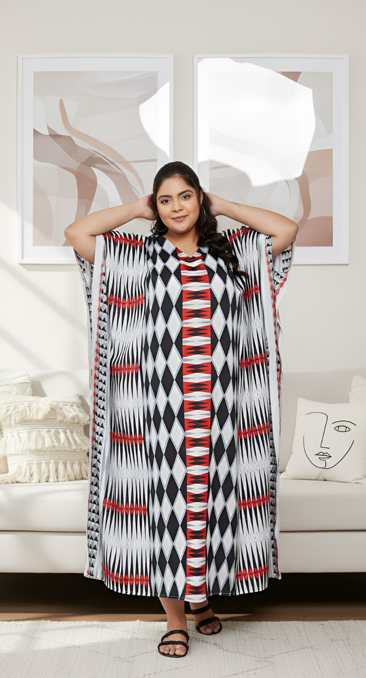 Geometric Printed Black Plus Size Polyester Kaftan Dress For Women