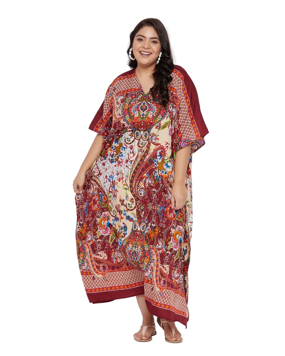 V-Neck Plus Size Women Floral Pattern Kimono Sleeve Polyester Kaftan