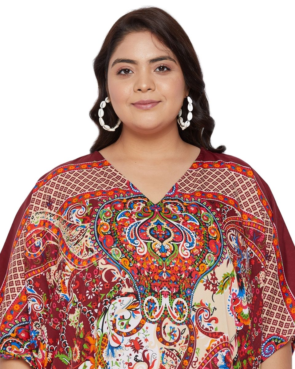 V-Neck Plus Size Women Floral Pattern Kimono Sleeve Polyester Kaftan