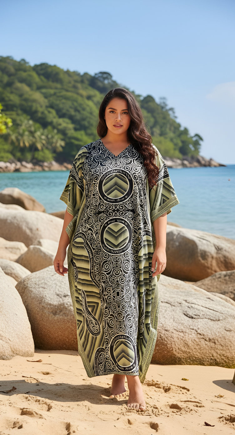 Abstract Printed Black Olive Polyester Kaftan Plus Size Dress For Women