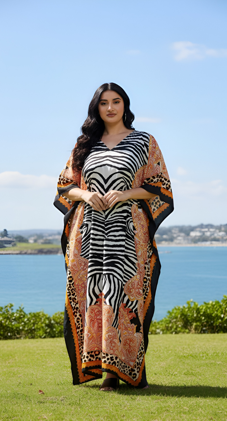 Women Orange Zebra Print Polyester Plus Size Long Kaftan Dress