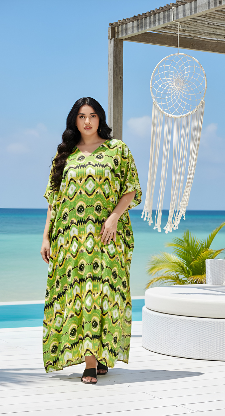 Women Green Abstract Print Polyester Plus Size Kimono Sleeve Kaftan