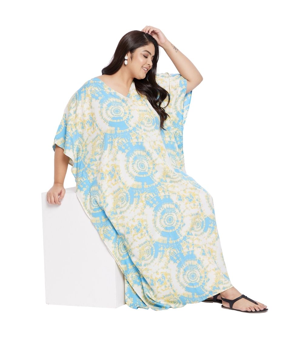 Tie Dye Printed Sky Blue Polyester Plus size Kaftan For Women