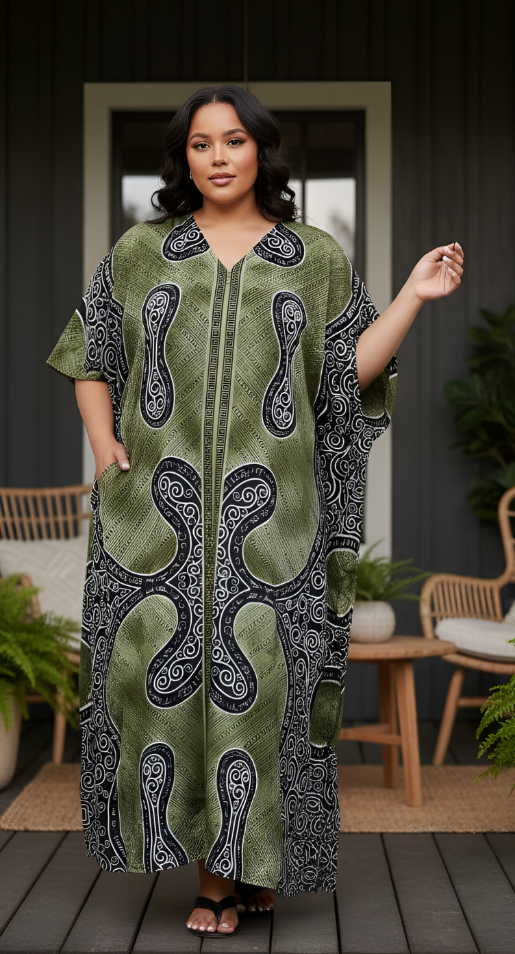 Abstract Printed Moss Green Polyester Kaftan Plus Size Dress For Women