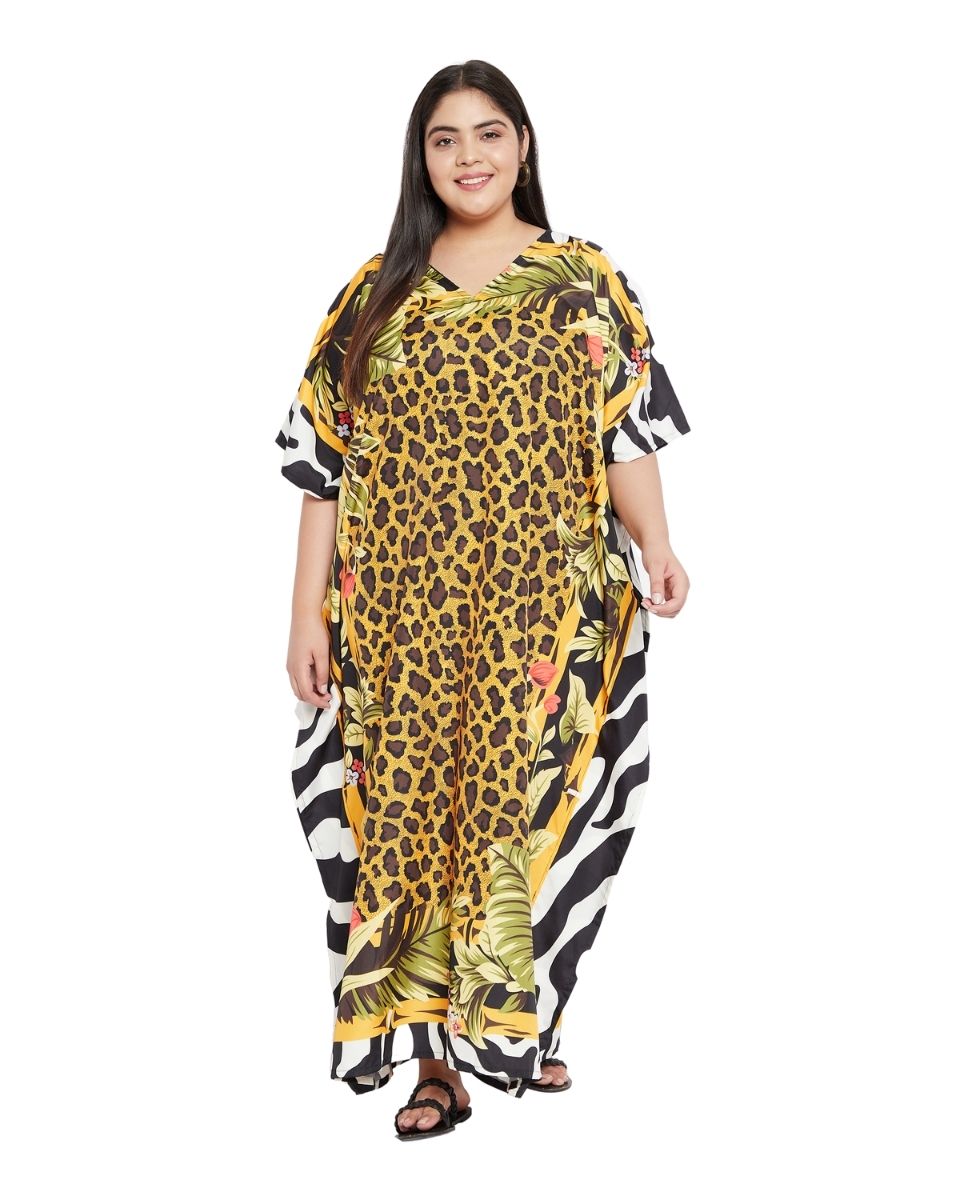 Animal And Tropical Printed Multicolor Polyester Kaftan For Plus Size Women
