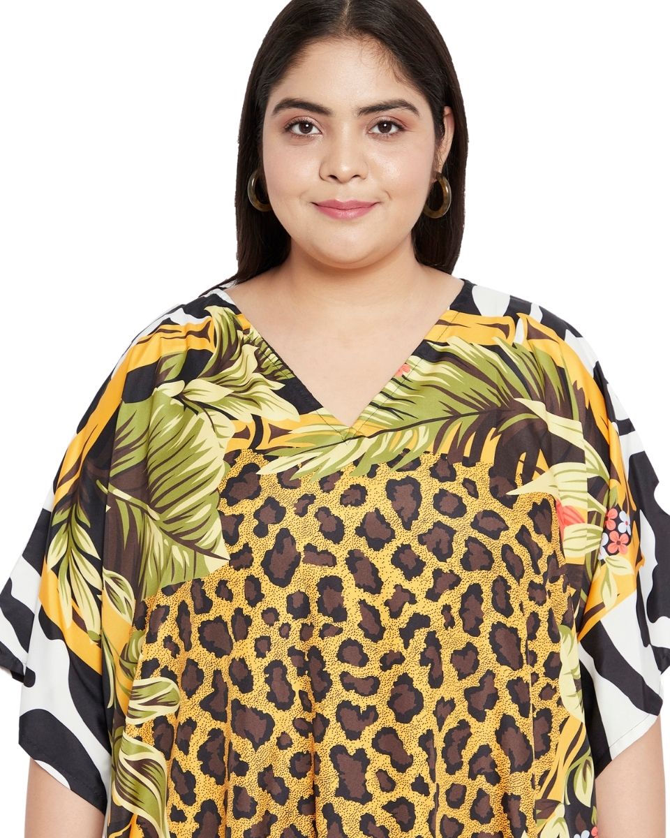 Animal And Tropical Printed Multicolor Polyester Kaftan For Plus Size Women