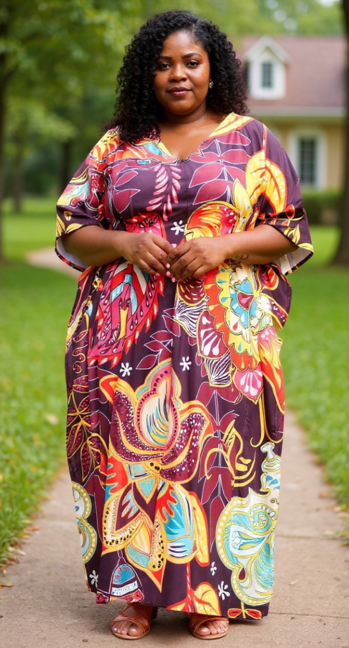 Women Multicolor Leaf Pattern V- Neck Plus Size Kaftan Dress