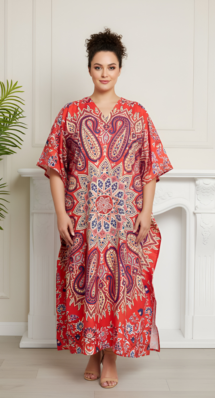 Floral Printed Orange Polyester Plus Size Kaftan Dress For Women
