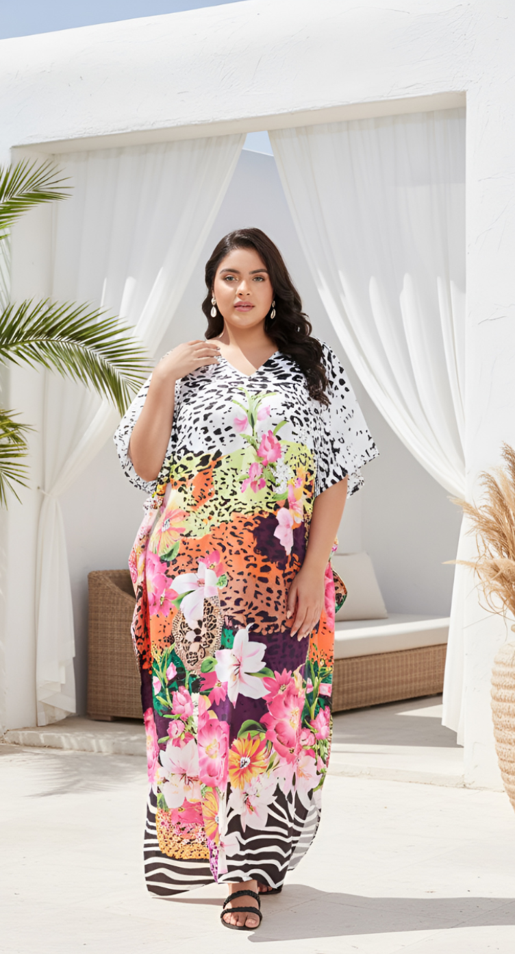 Floral Printed Multicolor Polyester Plus Size Kaftan Dress For Women