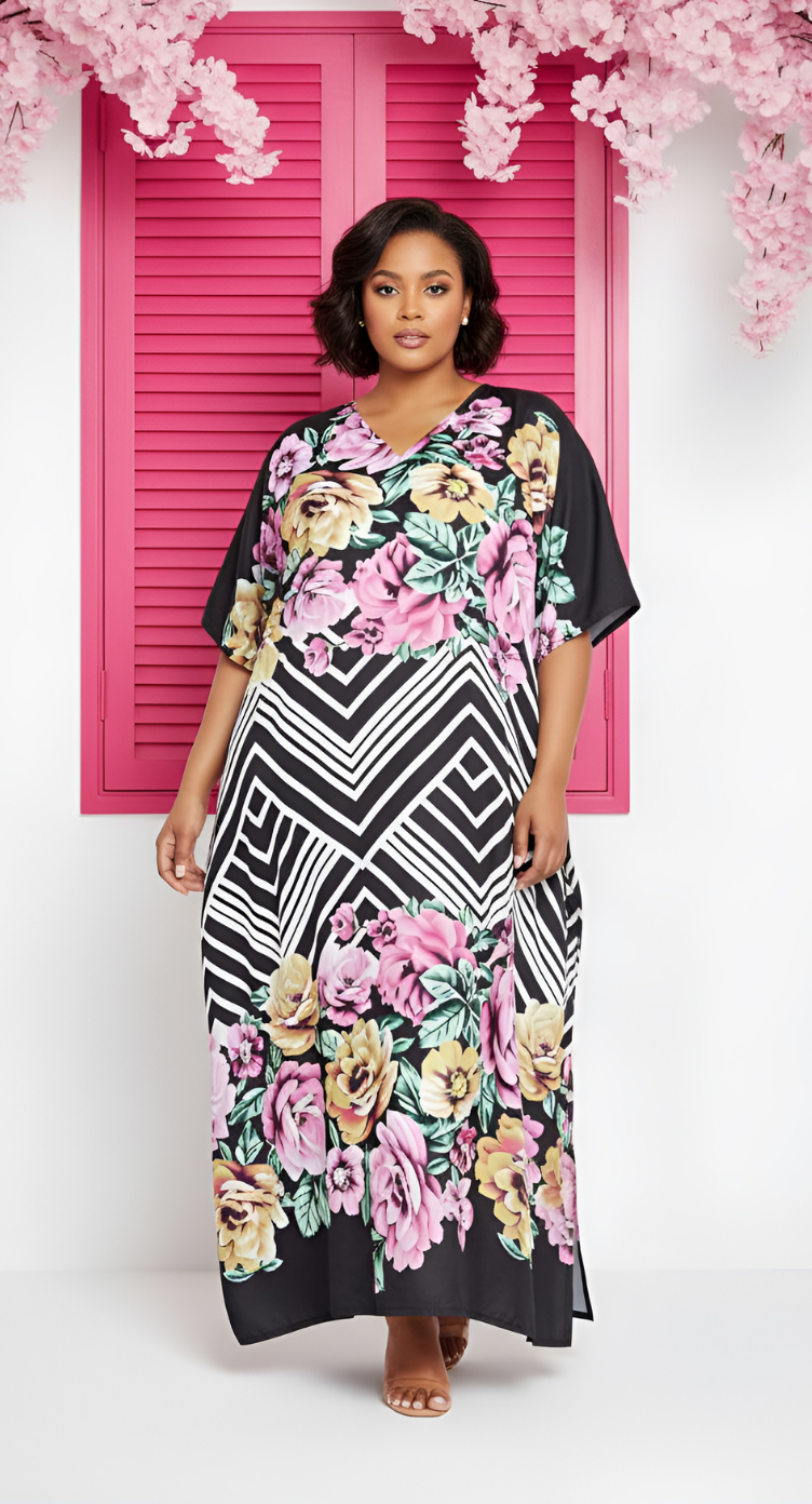 Floral Printed Black Polyester Kaftan Dress For Plus Size Women