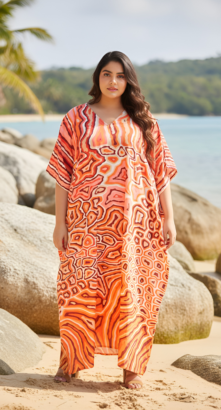 Animal Printed Orange Polyester Kaftan Dress For Plus Size Women