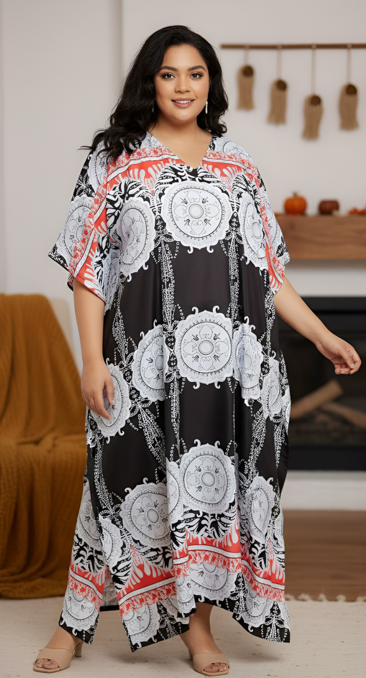 Geometric Printed Black Polyester Kaftan Dress For Plus Size Women