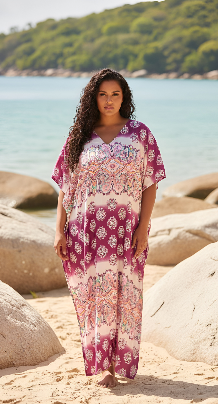 Floral Printed Pink Polyester Kaftan Plus Size Dress For Women