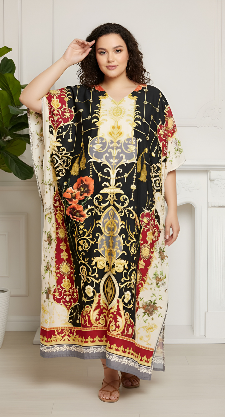 Floral Printed Black Polyester Plus Size Kaftan Dress For Women
