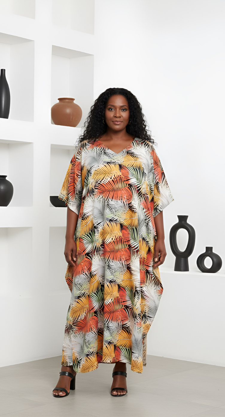 Leaf Printed Multicolor Polyester Plus Size Kaftan Dress For Women