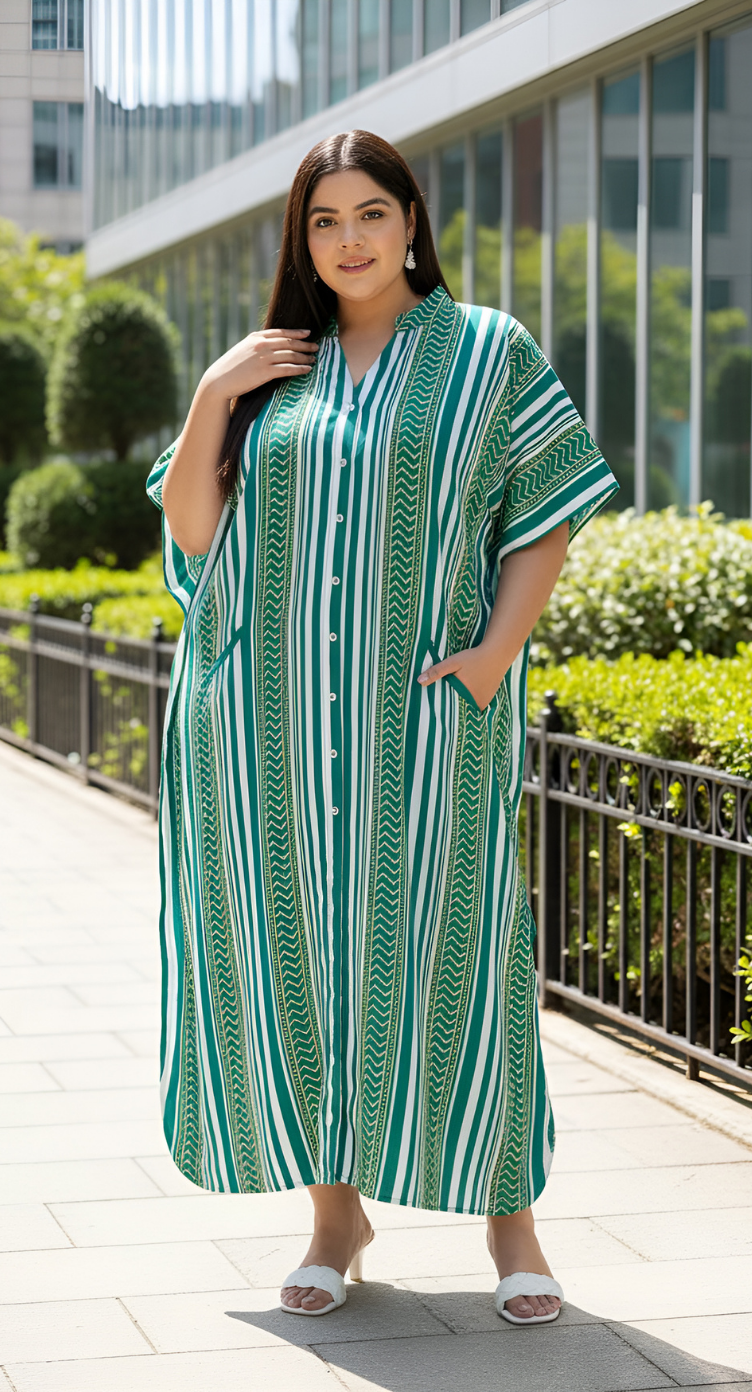 Green Kimono Sleeve Polyester Caftan Plus Size Dress For Women