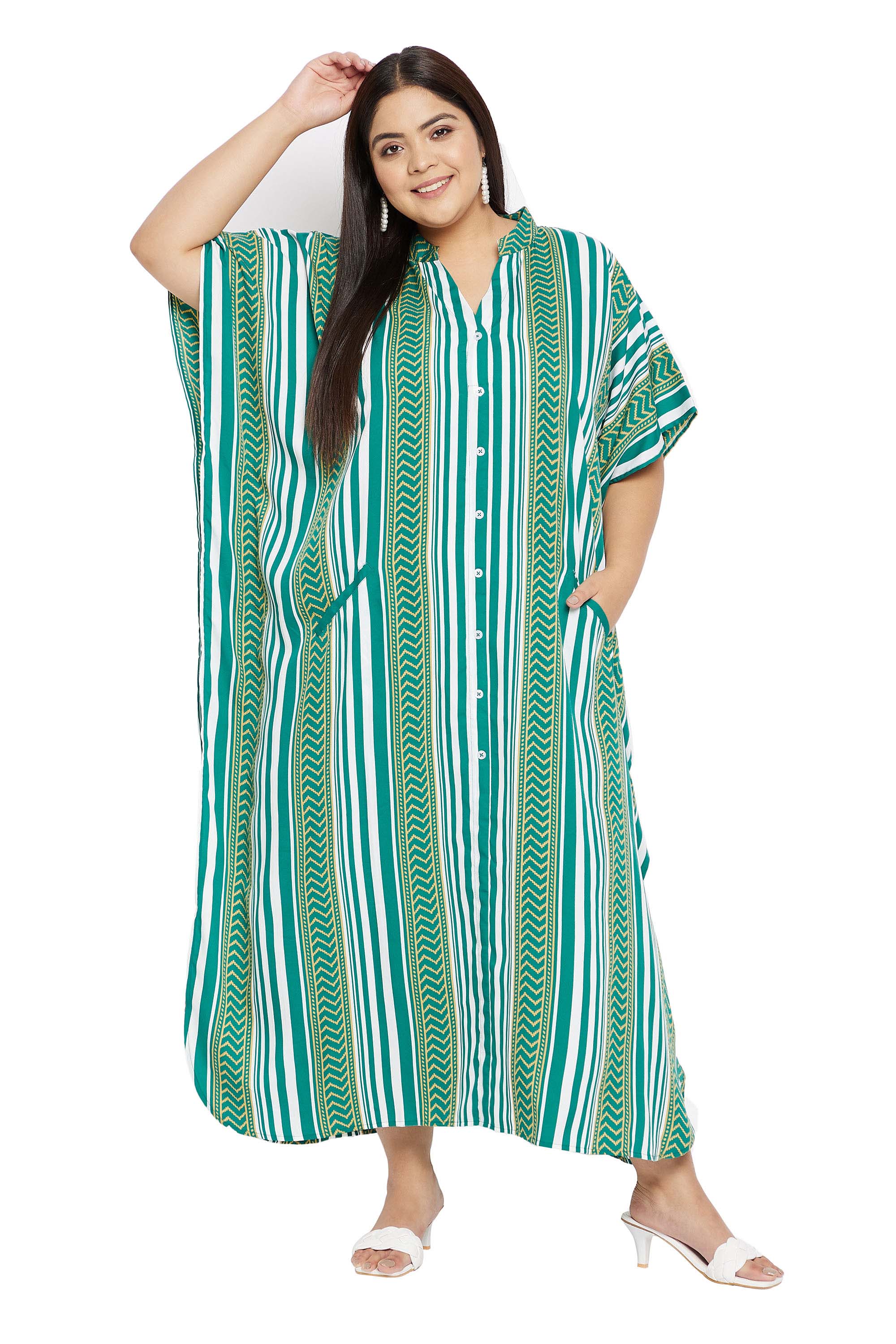 Green Kimono Sleeve Polyester Caftan Plus Size Dress For Women