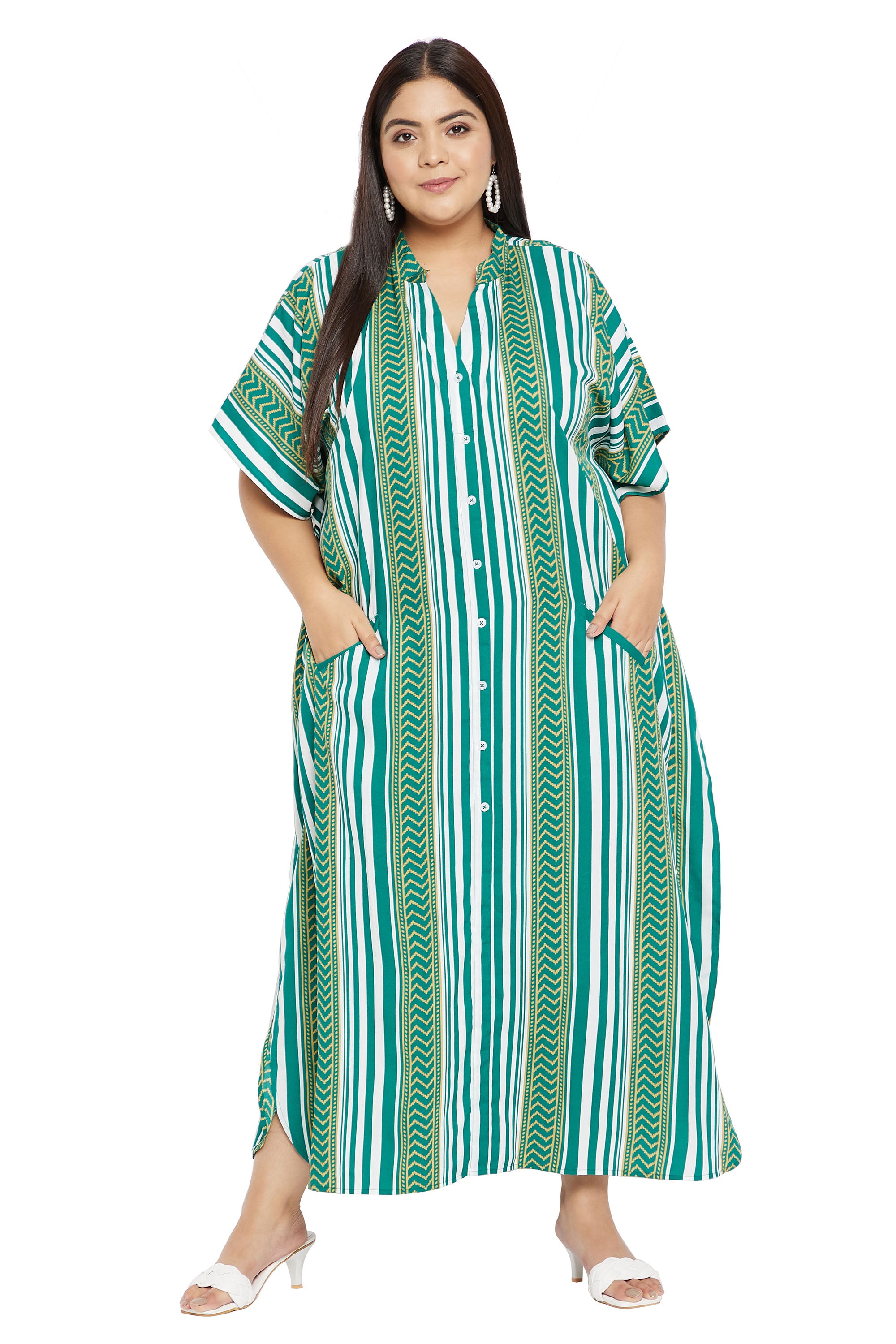Green Kimono Sleeve Polyester Caftan Plus Size Dress For Women