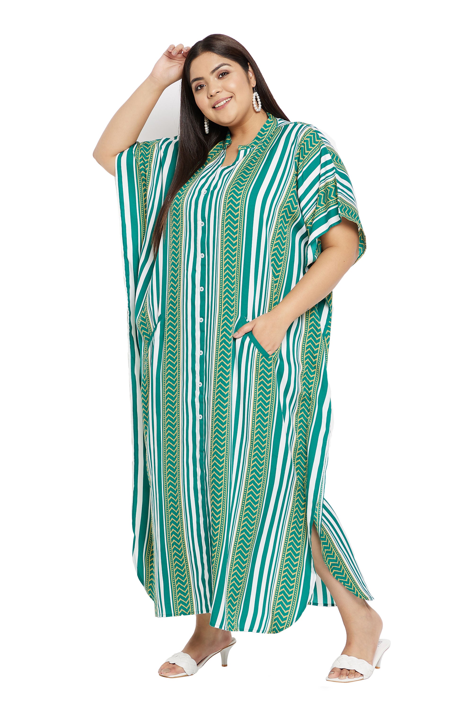 Green Kimono Sleeve Polyester Caftan Plus Size Dress For Women