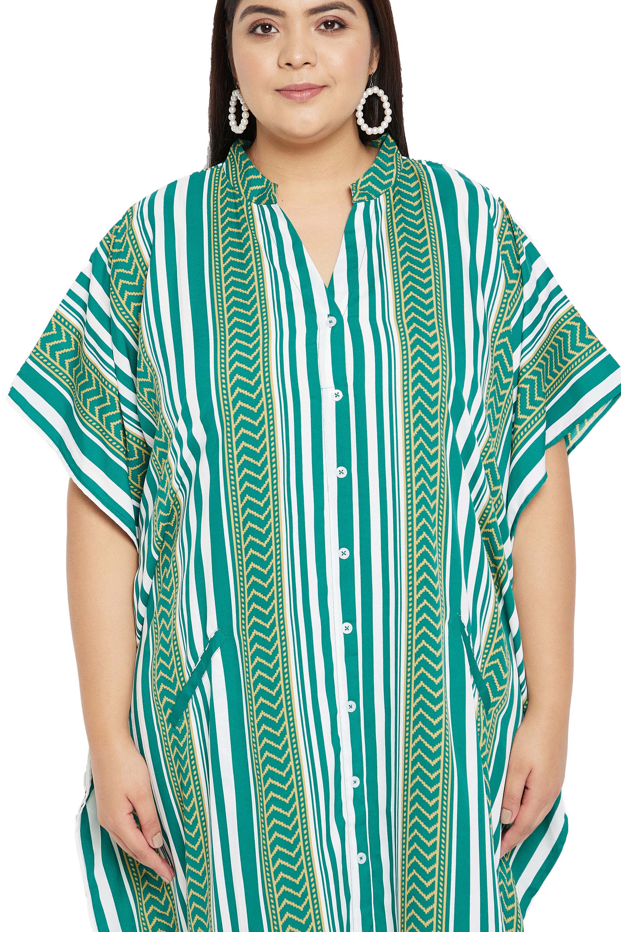 Green Kimono Sleeve Polyester Caftan Plus Size Dress For Women