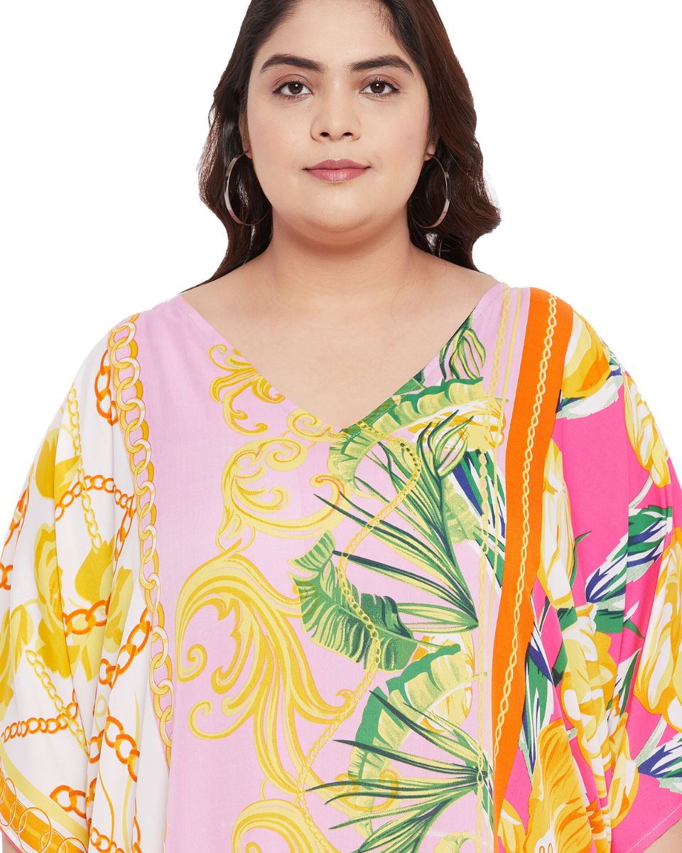 Floral Printed Yellow Polyester Kaftan Plus Size Dress For Women