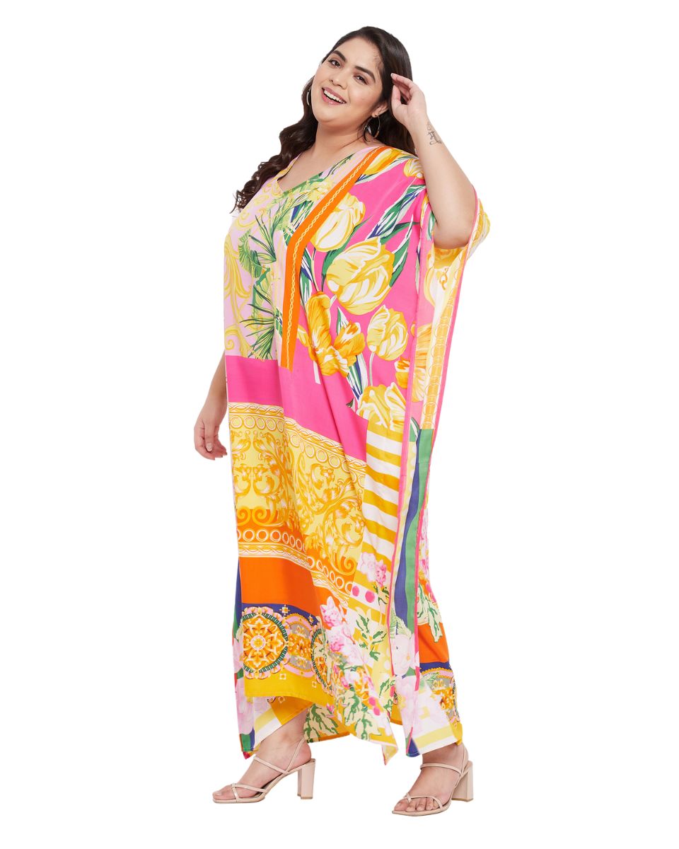 Floral Printed Yellow Polyester Kaftan Plus Size Dress For Women