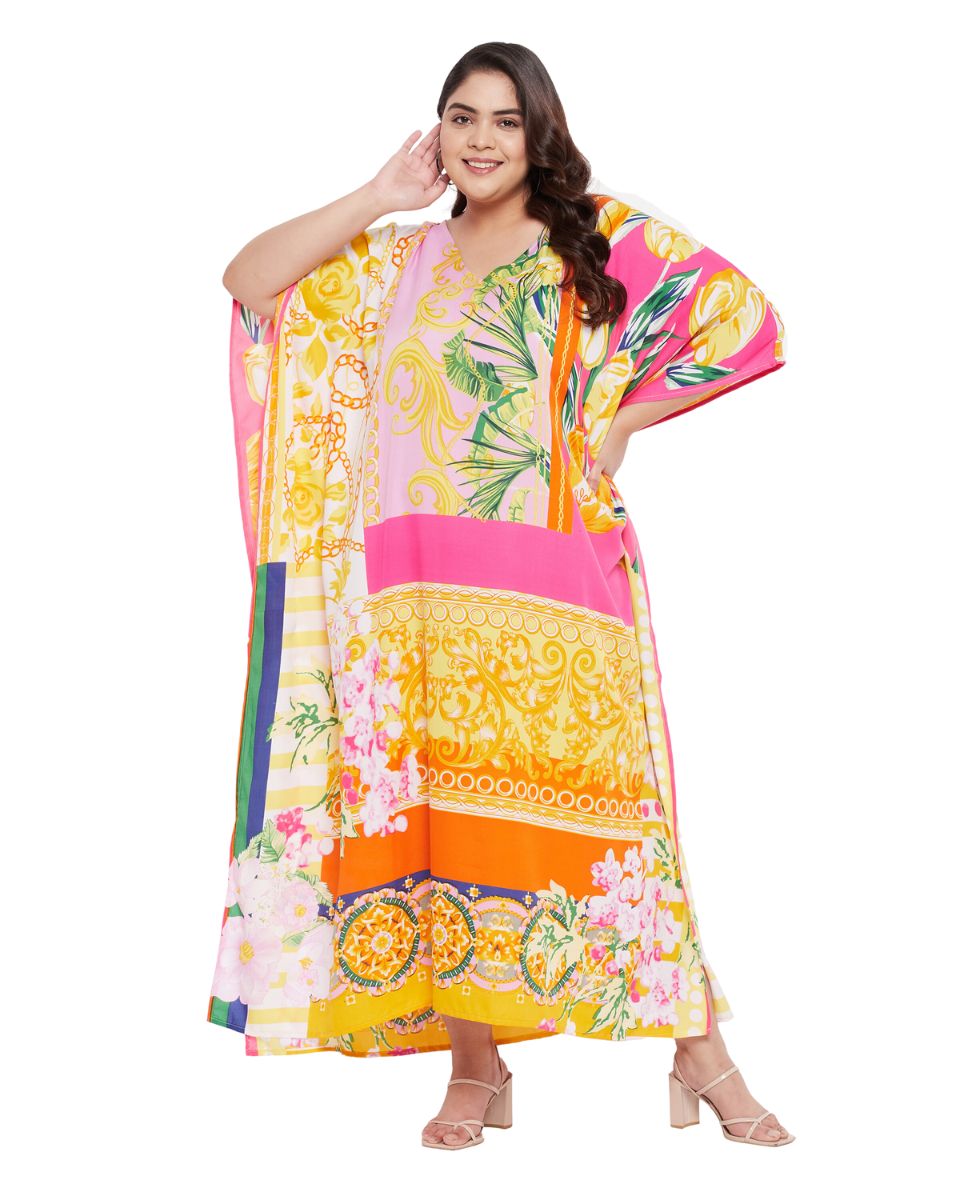 Floral Printed Yellow Polyester Kaftan Plus Size Dress For Women