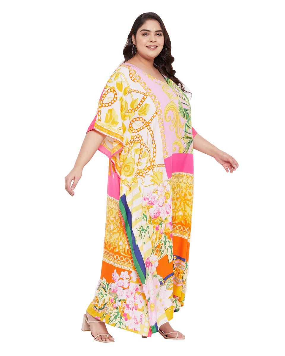 Floral Printed Yellow Polyester Kaftan Plus Size Dress For Women