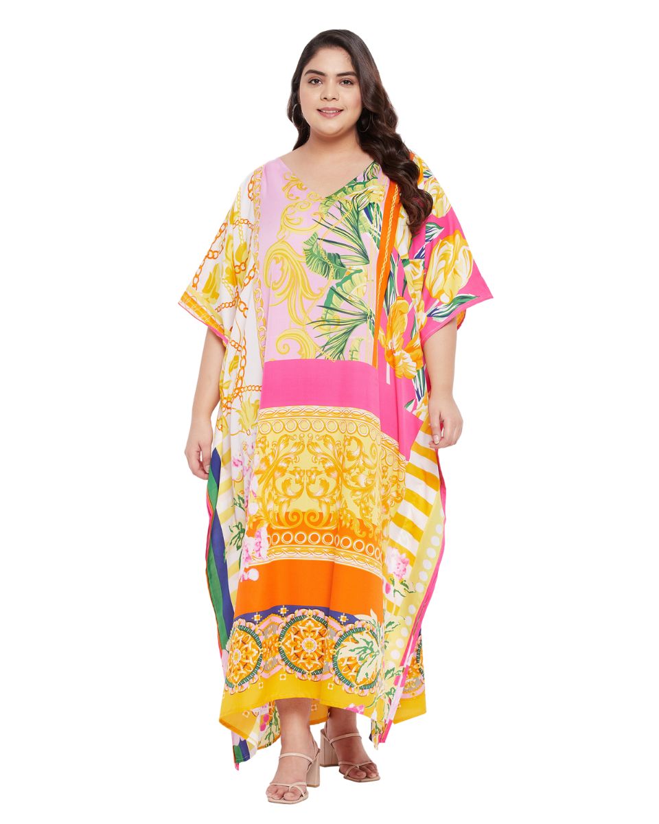 Floral Printed Yellow Polyester Kaftan Plus Size Dress For Women