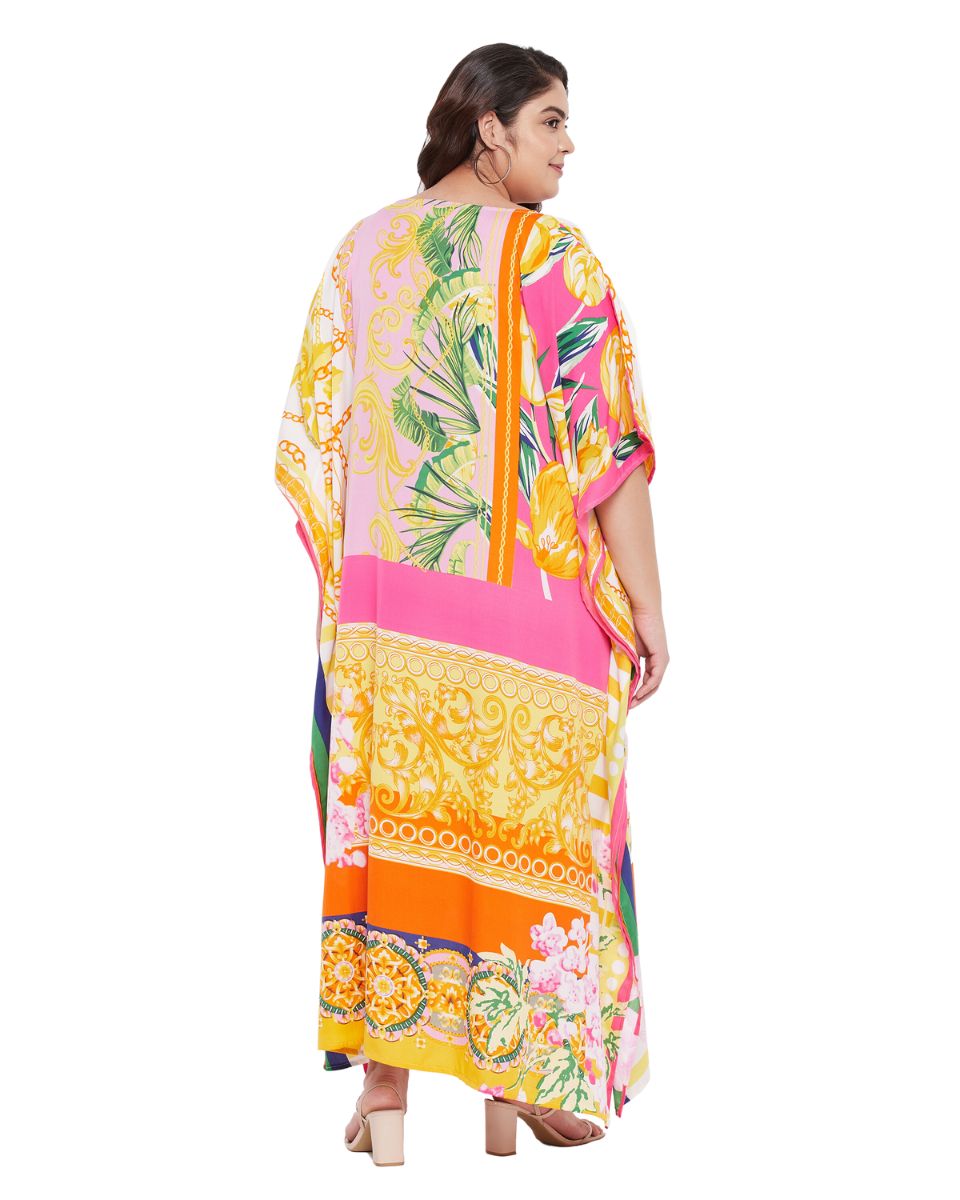 Floral Printed Yellow Polyester Kaftan Plus Size Dress For Women