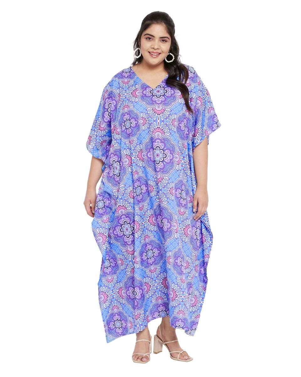 Purple Floral Pattern Kimono Kaftan For Plus Size Women
