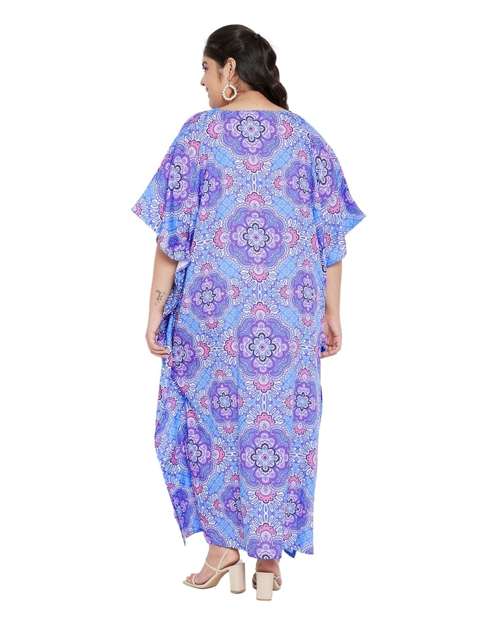 Purple Floral Pattern Kimono Kaftan For Plus Size Women