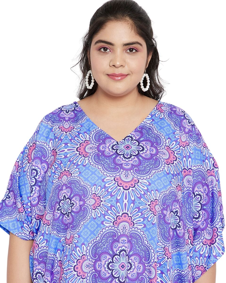 Purple Floral Pattern Kimono Kaftan For Plus Size Women