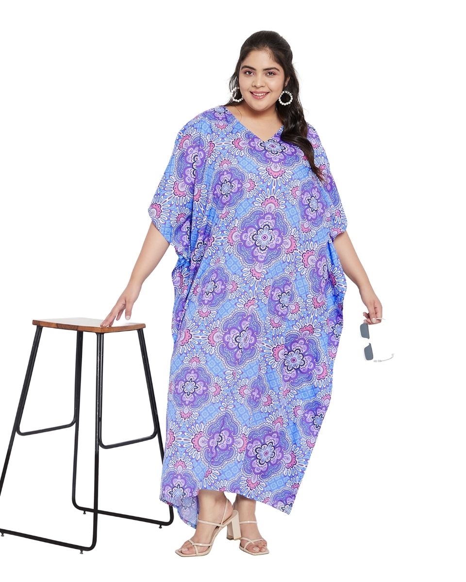 Purple Floral Pattern Kimono Kaftan For Plus Size Women