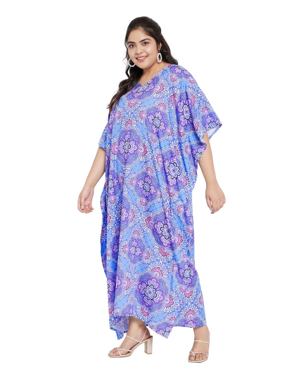 Purple Floral Pattern Kimono Kaftan For Plus Size Women