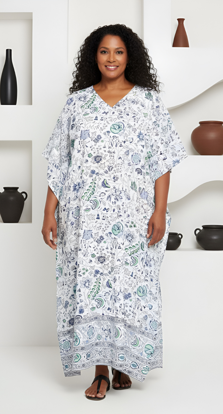 Floral Print Plus Size Blue Polyester Kaftan Dress For Women