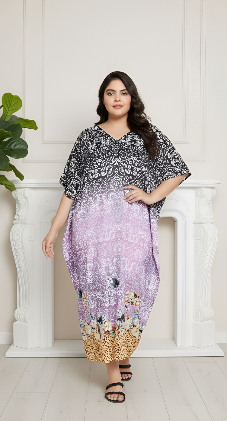 Floral Printed Black Polyester Kaftan Dress For Plus Size Women