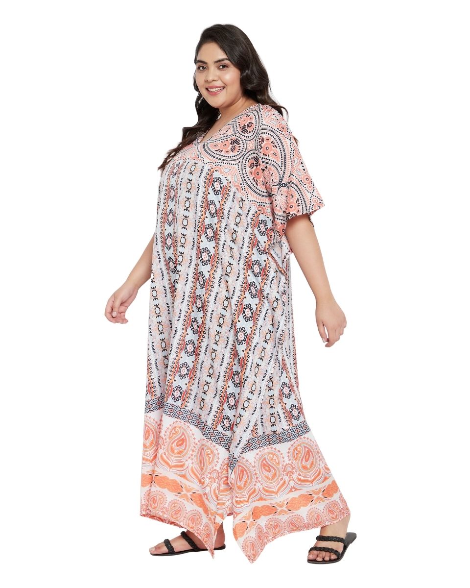 Orange Paisley Pattern Kaftan Dress For Plus Size Women