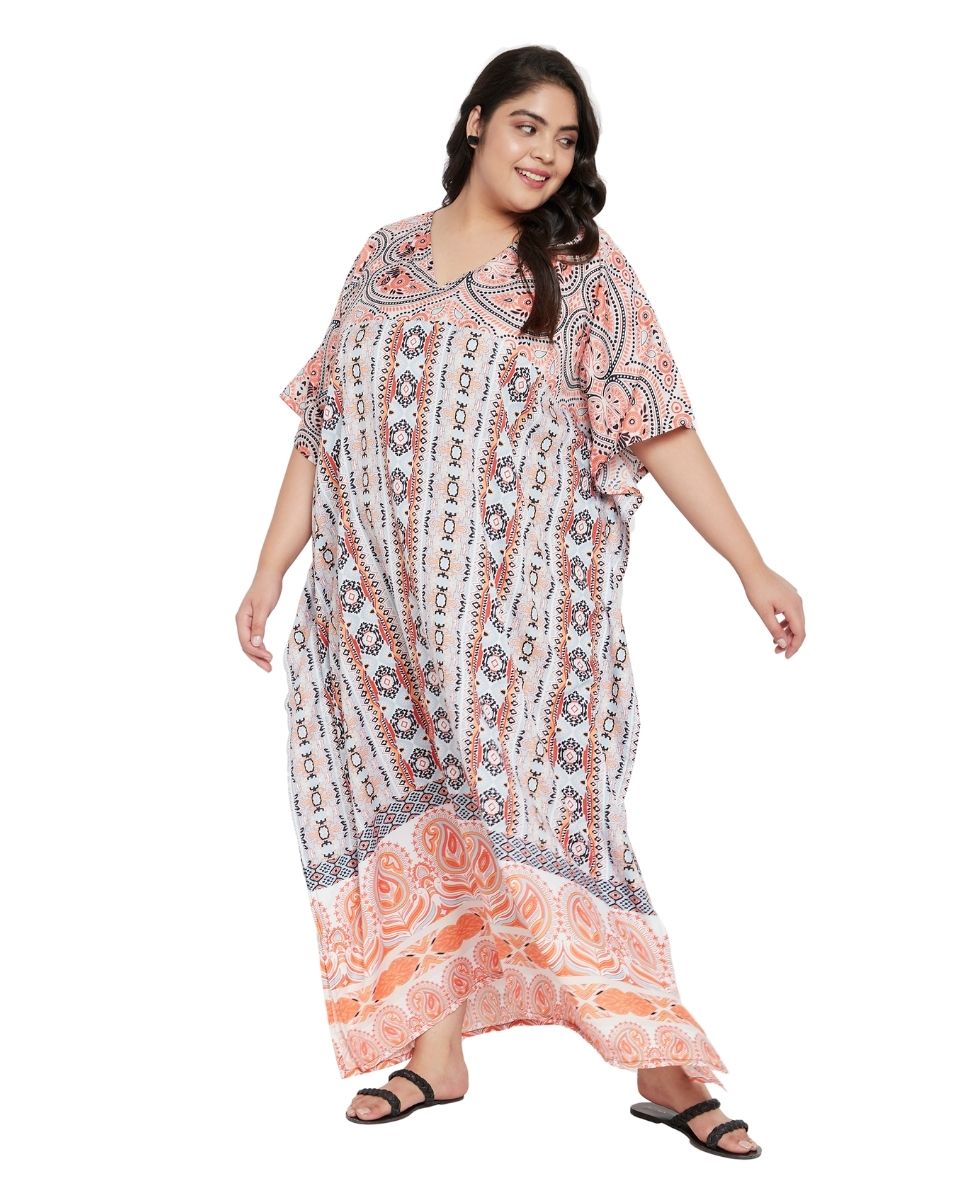 Orange Paisley Pattern Kaftan Dress For Plus Size Women