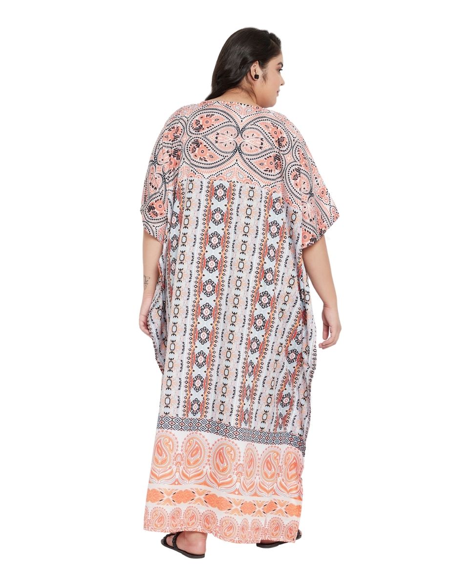 Orange Paisley Pattern Kaftan Dress For Plus Size Women