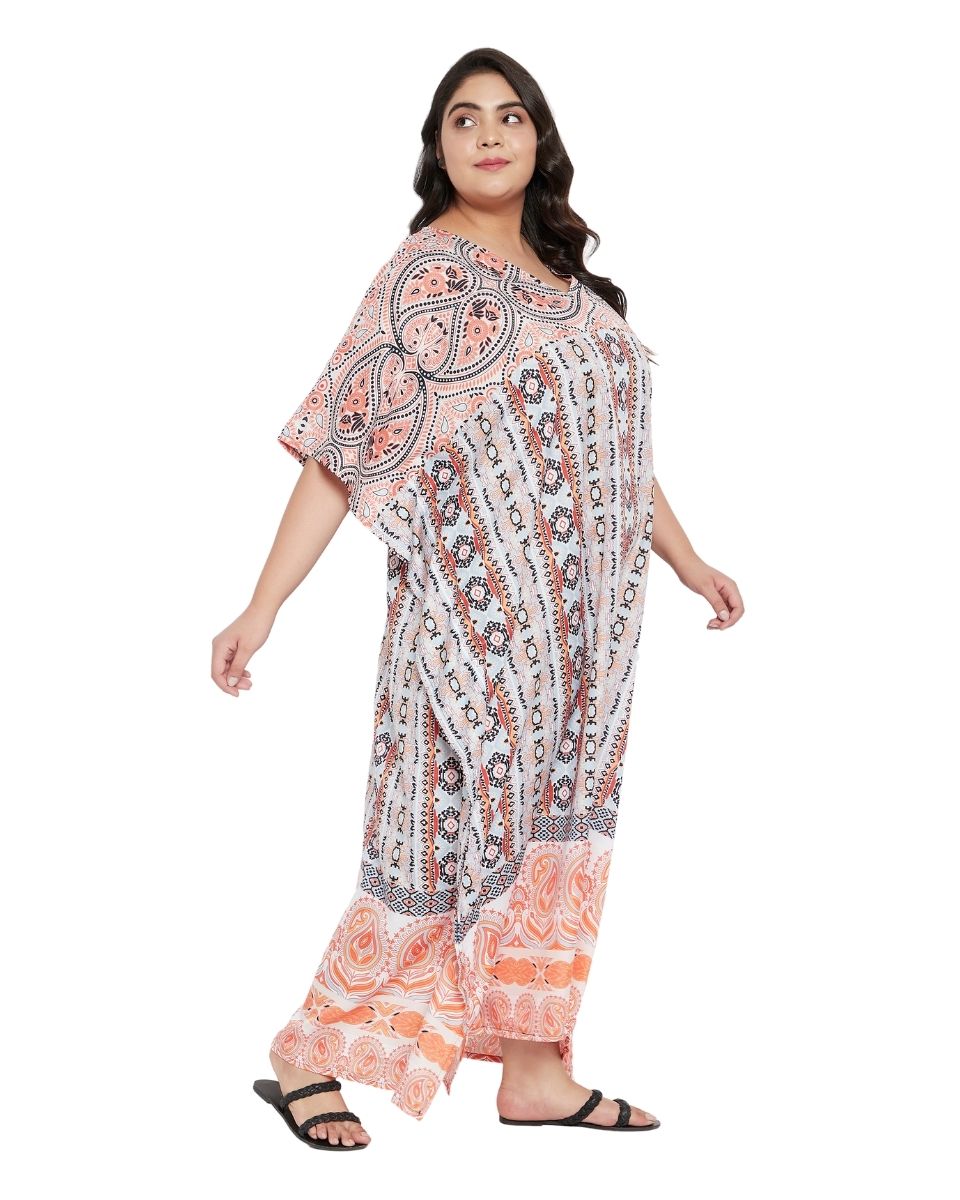 Orange Paisley Pattern Kaftan Dress For Plus Size Women