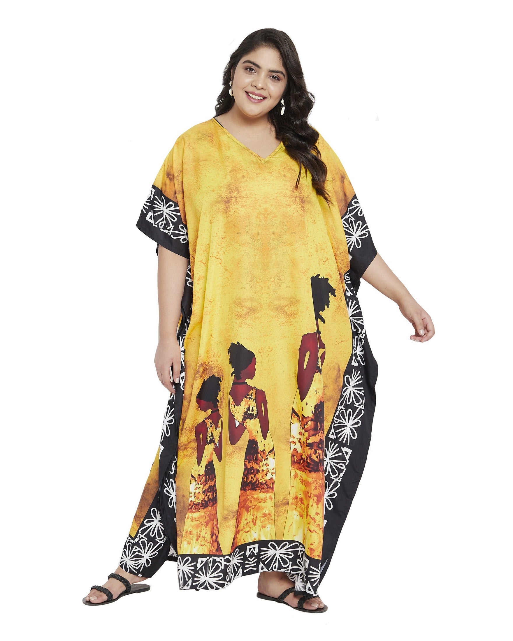 Lady Printed Yellow Polyester Kaftan For Plus Size Women