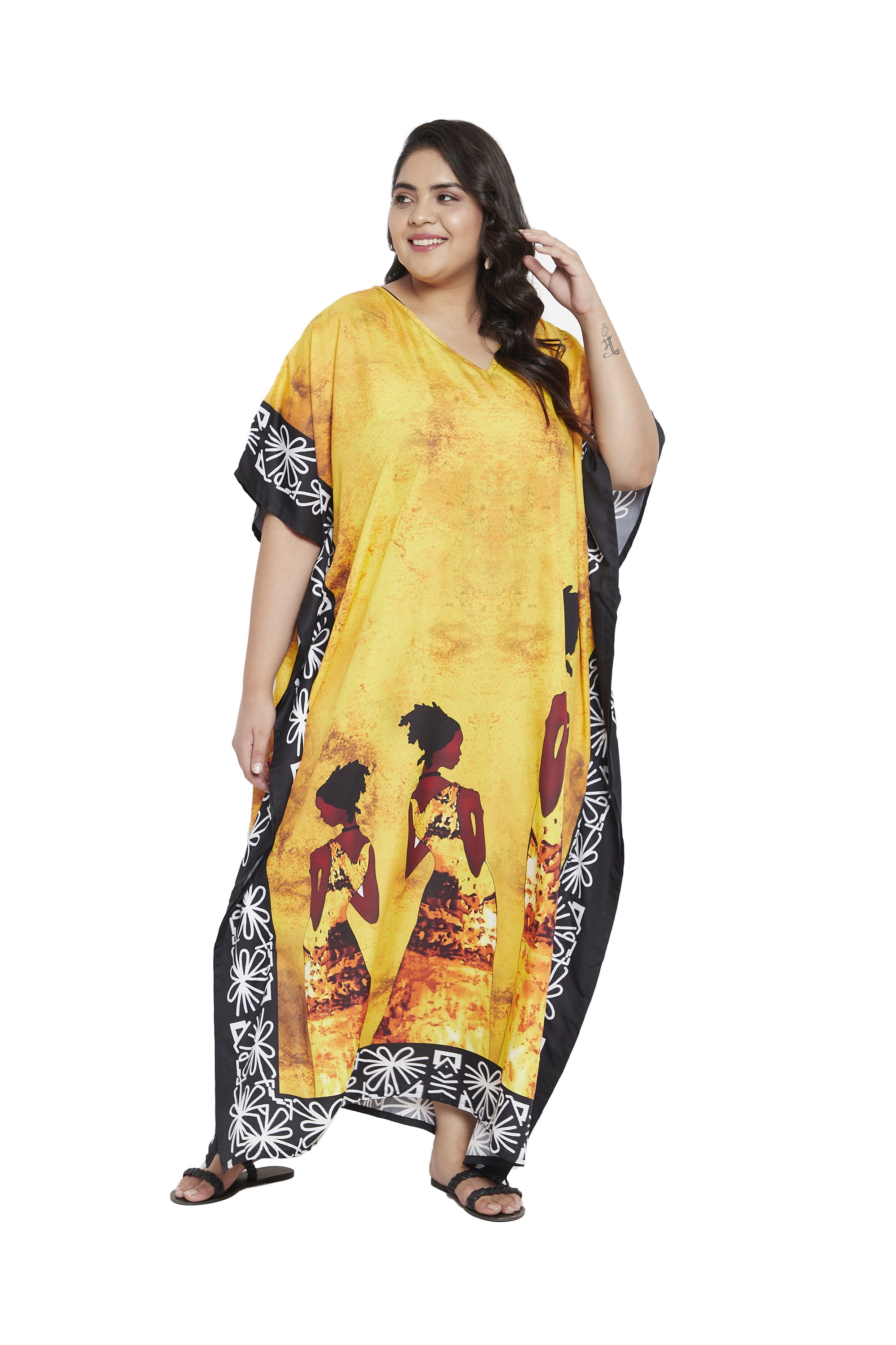 Lady Printed Yellow Polyester Kaftan For Plus Size Women