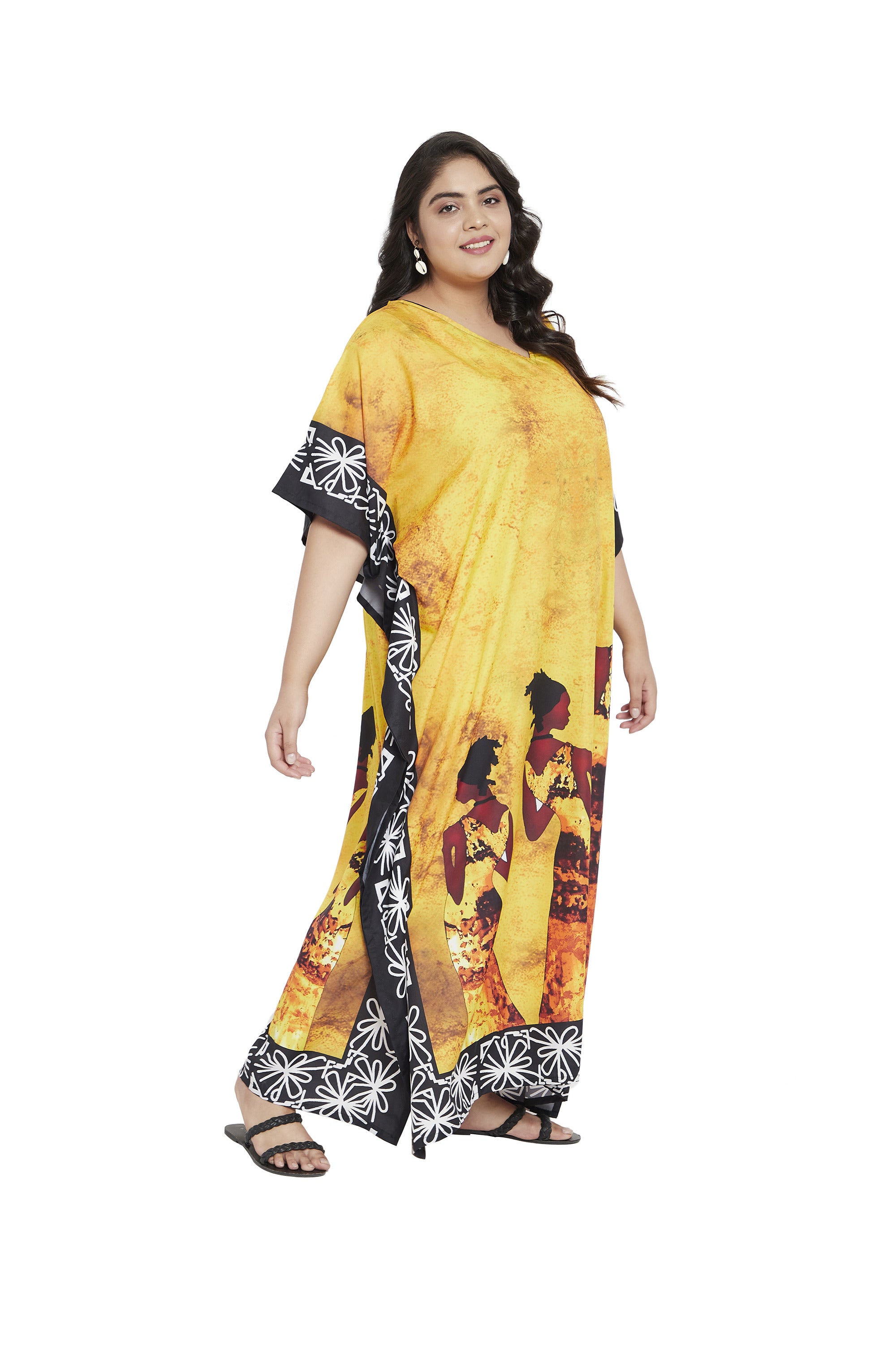 Lady Printed Yellow Polyester Kaftan For Plus Size Women