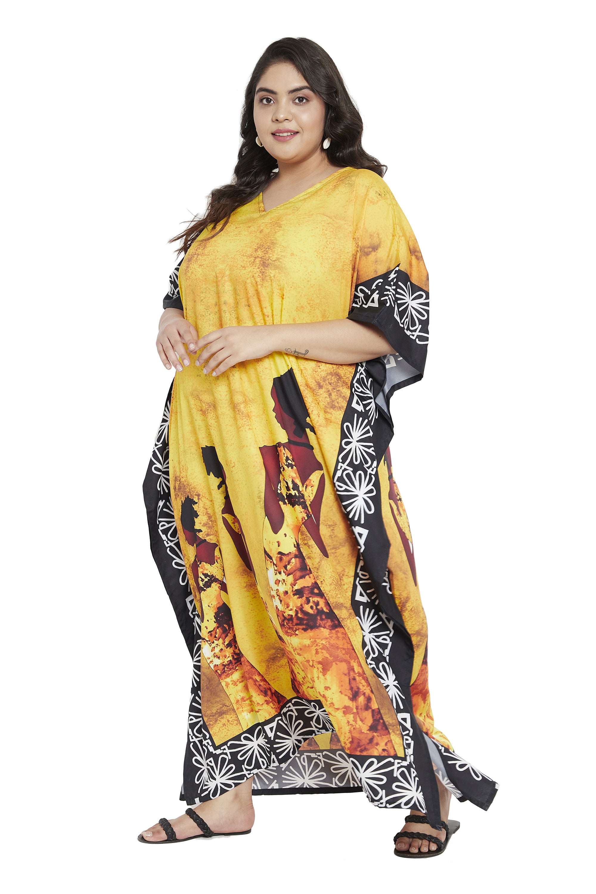 Lady Printed Yellow Polyester Kaftan For Plus Size Women
