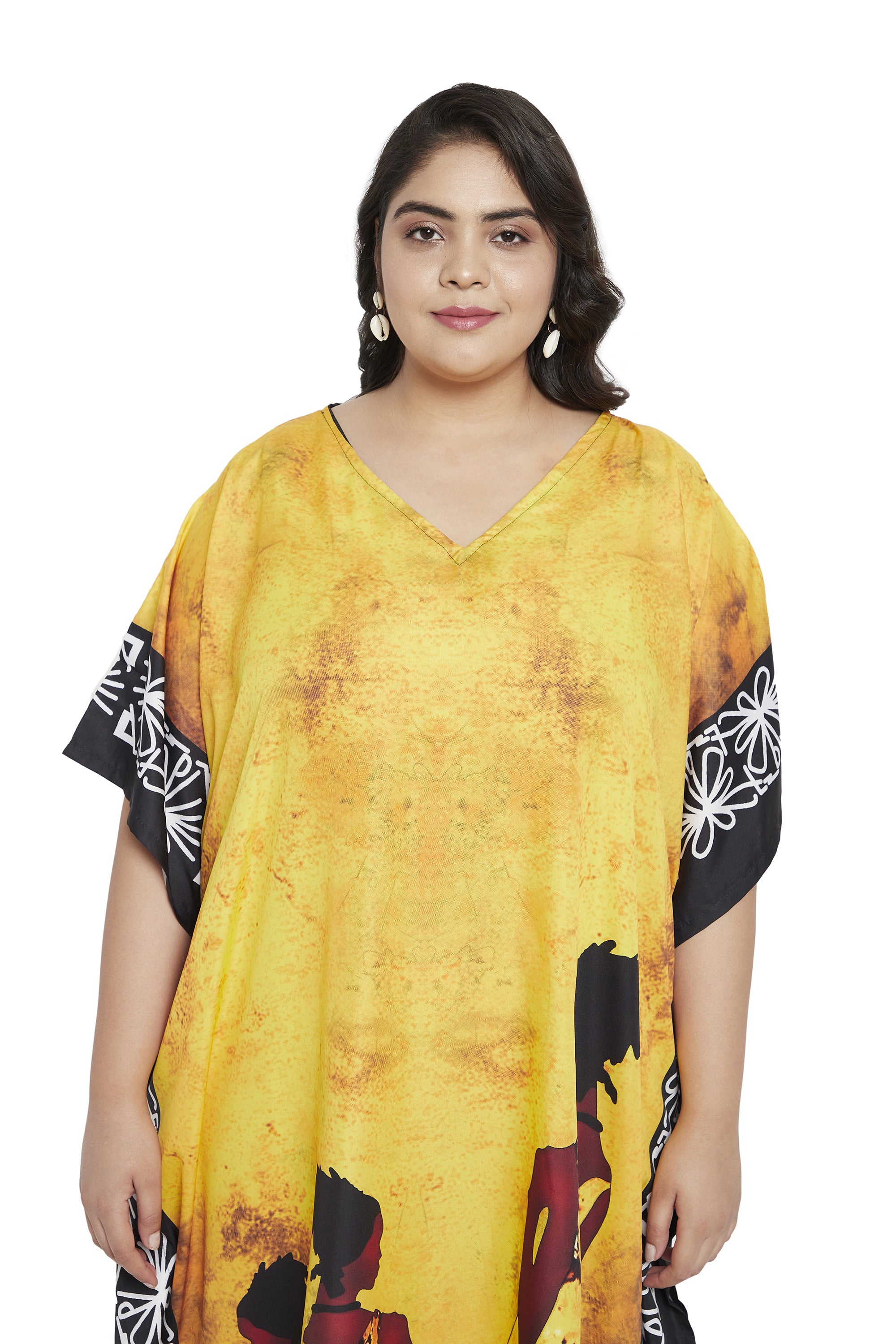 Lady Printed Yellow Polyester Kaftan For Plus Size Women