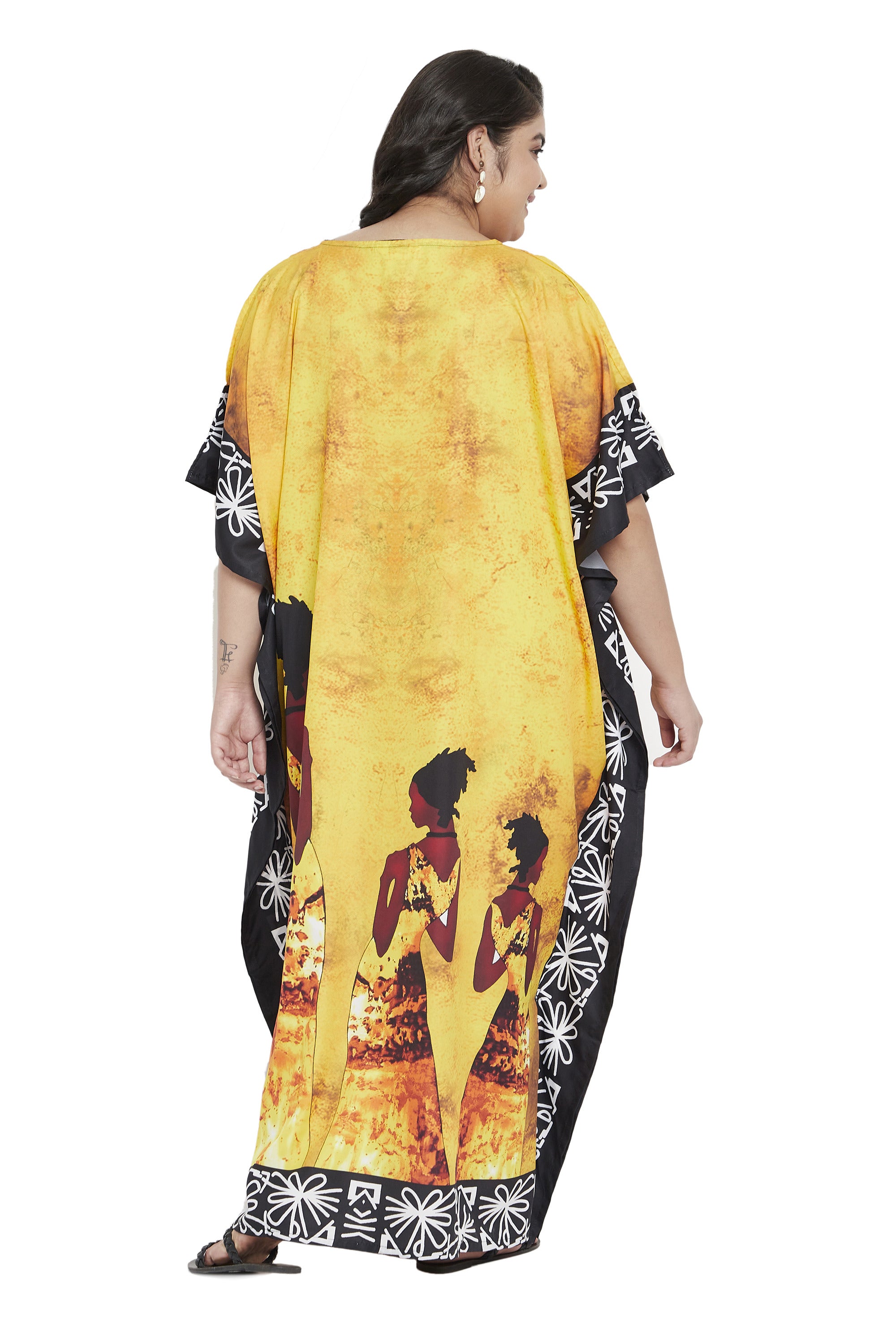 Lady Printed Yellow Polyester Kaftan For Plus Size Women