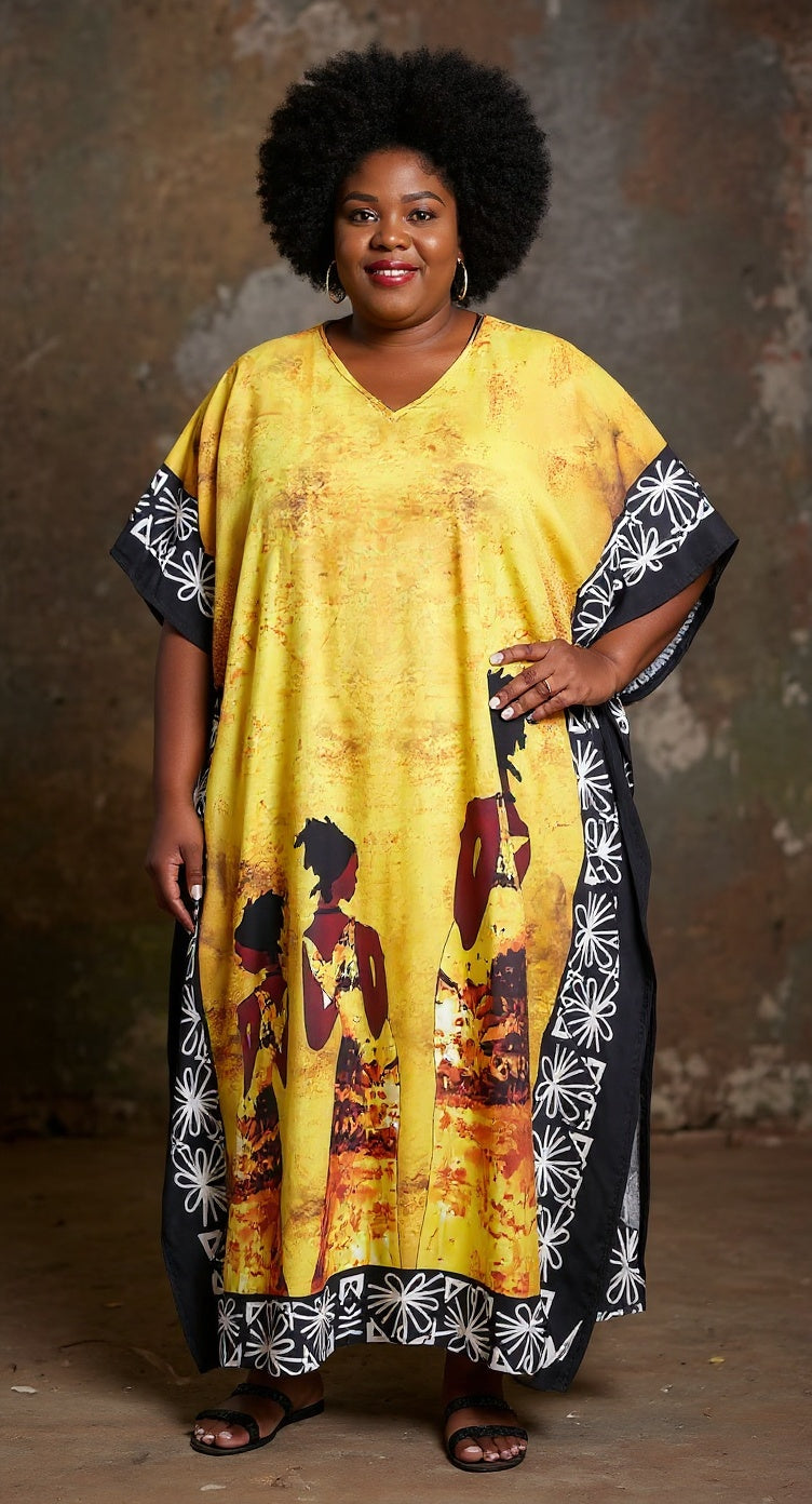 Yellow African Sunset Silhouette Print Kaftan